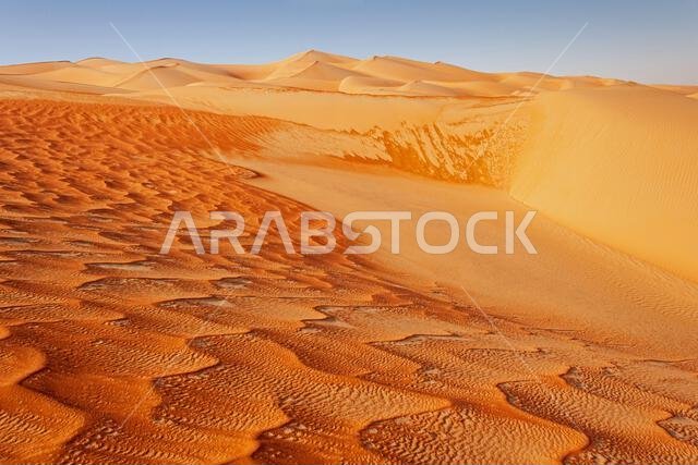 منظر طبيعي للكثبان الرملية في الربع الخالي. تمتد هذه المنطقة على حدود عُمان والمملكة العربية السعودية والإمارات العربية المتحدة واليمن، وهي أكبر صحراء رملية في العالم.
