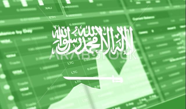 flag of Saudi Arabia and Stock market graph bar. Cryptocurrency. Bitcoin Stock Growth. Conceptual image for investors in cryptocurrency and Blockchain