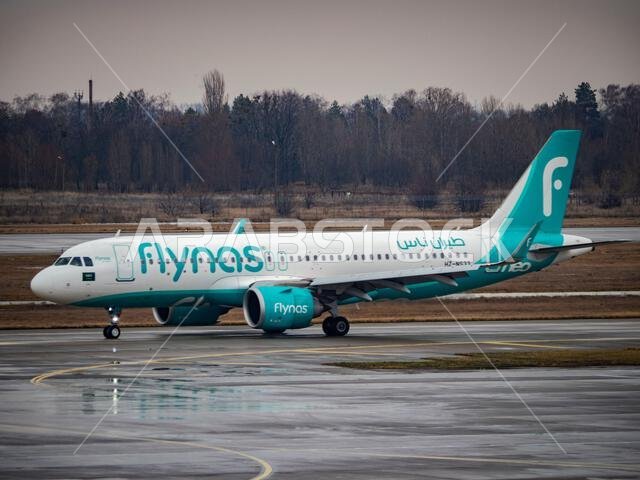طائرة إيرباص A320 تابعة لشركة فلاي ناس تحمل الرقم التسجيلي HZ-NS33 في مطار بوريسبيل.