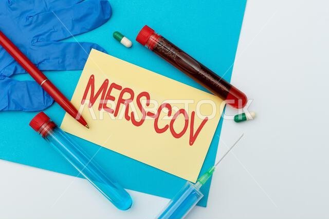 Text caption presenting Mers Cov. Business concept viral respiratory illness that first reported Saudi Arabia Presenting Infection Medicine, Gathering