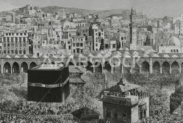 المملكة العربية السعودية، مكة المكرمة. منظر عام للمدينة. في وسط المسجد الحرام، الكعبة المشرفة التي تضم الحجر الأسود. نقش. تفاصيل. رسم توضيحي إسباني وأمريكي.