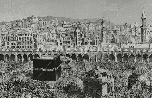 Saudi Arabia, Mecca. General view of the city. In the centre of al-Masjid al-Haram Mosque, the Kaaba, which houses the "Black Stone. Engraving. Detail. La Ilustración Española y Americana, 1882. Saudi Arabia, Mecca. General view of the city. In the centre of al-Masjid al-Haram Mosque, the Kaaba, which houses the "Black Stone. Engraving. Detail. La Ilustración Española y Americana, 1882.