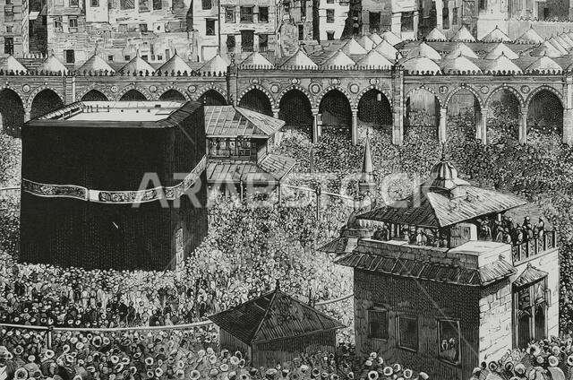 Saudi Arabia, Mecca. In the centre of al-Masjid al-Haram Mosque, the Kaaba, which houses the "Black Stone. Engraving. Detail. La Ilustración Española y Americana, 1882. Saudi Arabia, Mecca. In the centre of al-Masjid al-Haram Mosque, the Kaaba, which houses the "Black Stone. Engraving. Detail. La Ilustración Española y Americana, 1882.
