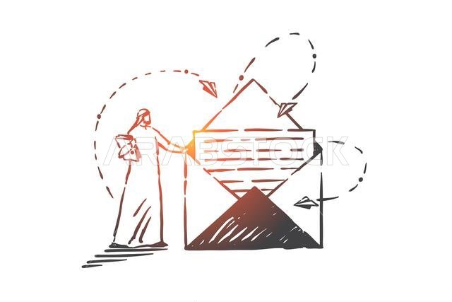 خدمة البريد، رسم تخطيطي لمفهوم المراسلات. التواصل التجاري التقليدي، استعارة النشرة الإخبارية، ساعي بريد عربي، ساعي بريد مسلم مع ظرف مفتوح