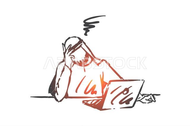 رسم تخطيطي لمفهوم الإجهاد والاكتئاب والإنهاك. صداع، أزمة عمل، إرهاق، رجل أعمال عربي منهك يعمل ساعات إضافية، موظف مسلم متعب