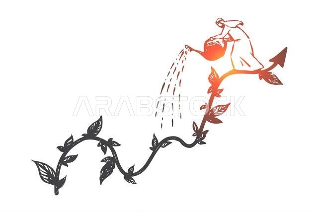 Capital investment, deposit concept sketch. Profit growth, income increase metaphor, arab investor on rising arrow with leaves, muslim businessman wat