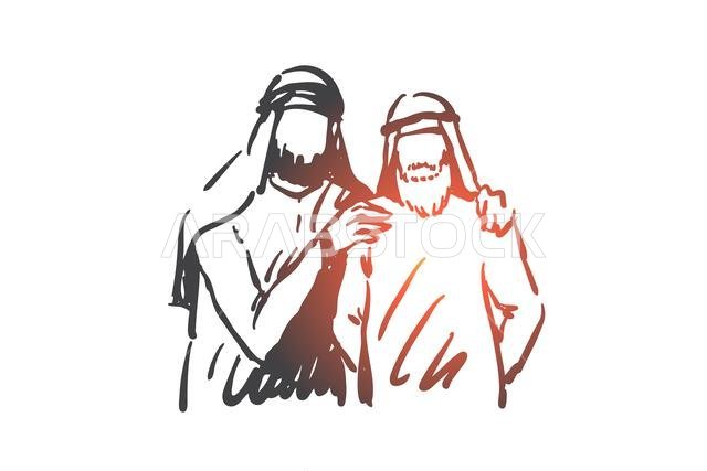 Friendship, partnership, cooperation concept sketch. Muslim people hugging, Arab friends meeting, characters standing together and posing for portrait