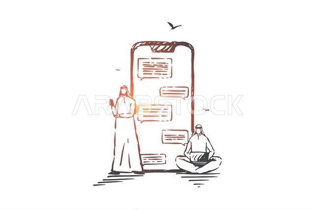 رسم تخطيطي لمفهوم التواصل عبر الإنترنت والدردشة. رجال أعمال عرب، شركاء مسلمون يتبادلون الرسائل باستخدام الهواتف الذكية وأجهزة الكمبيوتر المحمولة وتقنيات الحاسوب لأغراض تجارية.