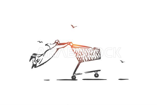 Hot sale, commerce concept sketch. Consumerism, wholesale metaphor, arab businessman, shop customer, muslim shopper, shopaholic with trolley on shoppi
