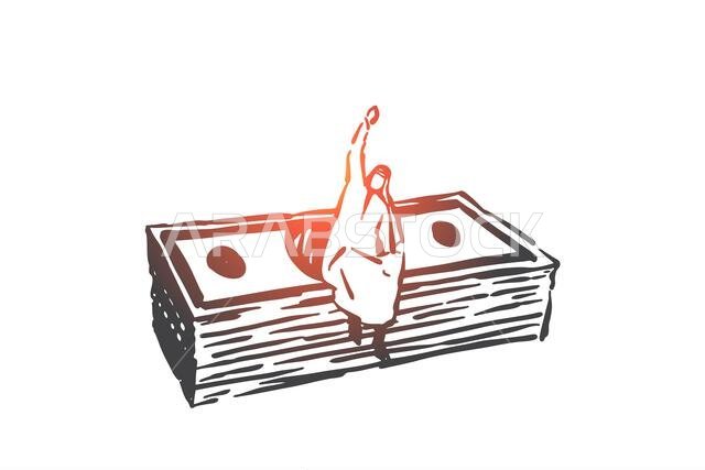 Profitable investment, payday concept sketch. Successful entrepreneurship, profitable business metaphor, wealthy arab businessman, happy muslim invest