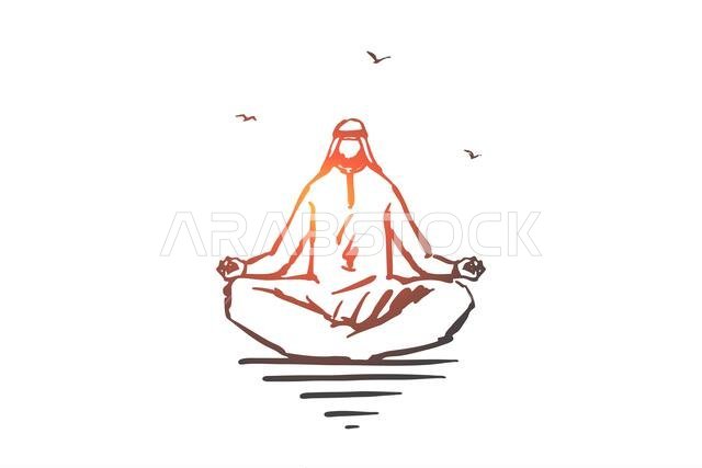Concentration, yoga, meditation concept sketch. Healthy lifestyle, spiritual balance, relaxation, stress relief, arab yogi, muslim businessman sitting
