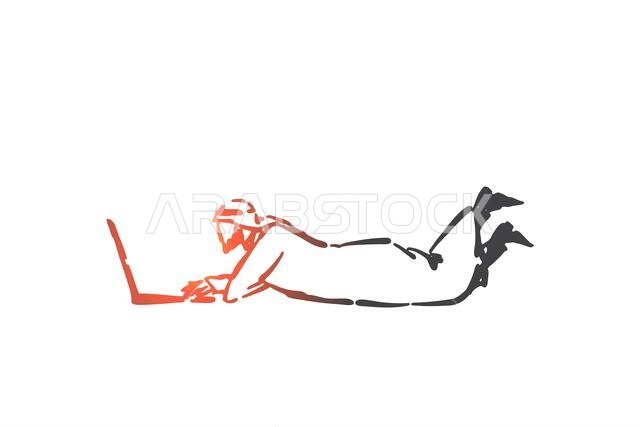 تصفح الإنترنت، رسم تخطيطي لمفهوم العمل الحر. الترفيه الحديث، أوقات الفراغ العصرية، تكنولوجيا الاتصالات عبر الإنترنت، مستخدم وسائل التواصل الاجتماعي المسلم، الأعمال التجارية العربية