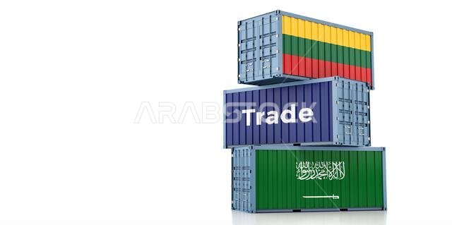Shipping containers with Lithuania and Saudi Arabia flag. 3D Rendering