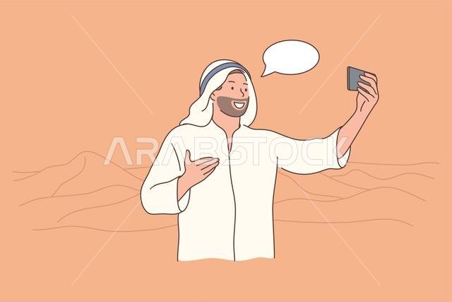 Travelling, tourism, smartphone, arabia concept. Young happy smiling cheerful man guy muslim arab witn kandura making selfie on mobile phone in desert