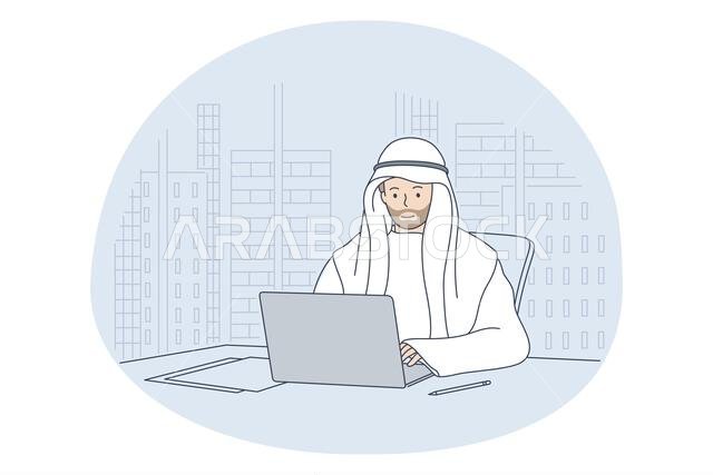 مفهوم عمل العرب في المكاتب. شخصية كرتونية لرجل أعمال سعودي مسلم شاب وإيجابي يجلس في مكتبه مع جهاز كمبيوتر محمول ويعمل عبر الإنترنت. مفهوم عمل العرب في المكاتب. شخصية كرتونية لرجل أعمال سعودي مسلم شاب وإيجابي يجلس في مكتبه مع جهاز كمبيوتر محمول ويعمل عبر الإنترنت.