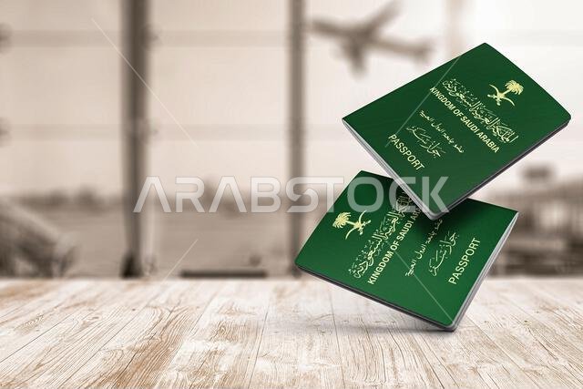 Saudi Arabia passport floats in the air on a wooden table