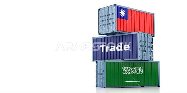 حاويات شحن تحمل علمي المملكة العربية السعودية وتايوان. تصميم ثلاثي الأبعاد حاويات شحن تحمل علمي المملكة العربية السعودية وتايوان. تصميم ثلاثي الأبعاد