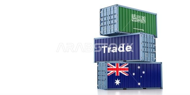 Shipping containers with Australia and Saudi Arabia national flag. 3D Rendering