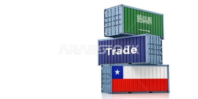 حاويات شحن تحمل علمي تشيلي والمملكة العربية السعودية. تصميم ثلاثي الأبعاد