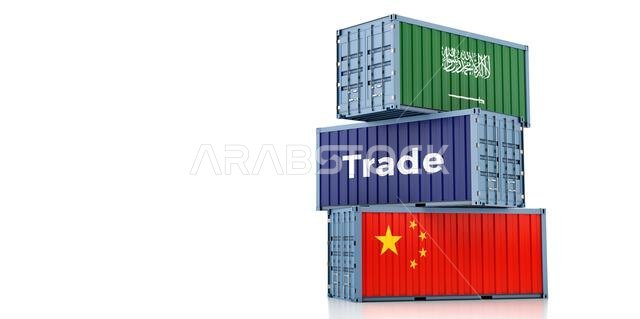 حاويات شحن تحمل علمي الصين والمملكة العربية السعودية. تصميم ثلاثي الأبعاد حاويات شحن تحمل علمي الصين والمملكة العربية السعودية. تصميم ثلاثي الأبعاد