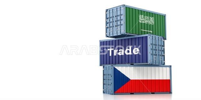حاويات شحن تحمل علمي جمهورية التشيك والمملكة العربية السعودية. تصميم ثلاثي الأبعاد حاويات شحن تحمل علمي جمهورية التشيك والمملكة العربية السعودية. تصميم ثلاثي الأبعاد