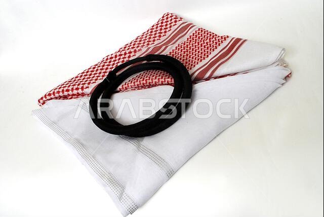 Arabic traditional clothing accessories Agal, Islamic cap and rosary,Shemagh with white Ghutrah isolated on white background