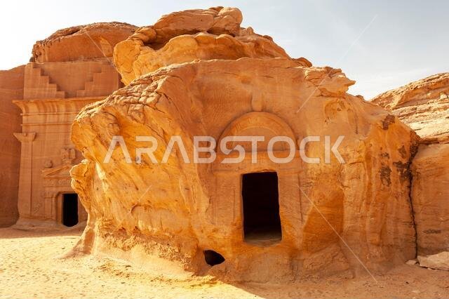 Amazing carved buildings of Hegra (known as Madain Saleh or Al Hijr) similar to those at Petra found near AlUla in Saudi Arabia