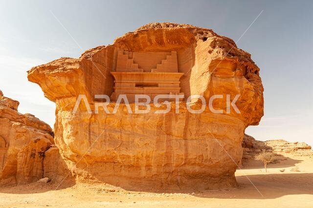 Amazing carved buildings of Hegra (known as Madain Saleh or Al Hijr) similar to those at Petra found near AlUla in Saudi Arabia