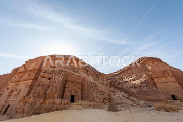 Amazing carved buildings of Hegra (known as Madain Saleh or Al Hijr) similar to those at Petra found near AlUla in Saudi Arabia