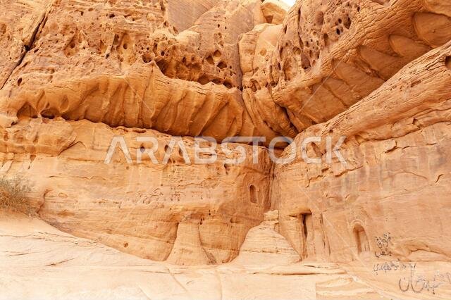 Sandstone rock formations of crazy shapes in the desert near Medina and AlUla and Madain Saleh in Saudi Arabia