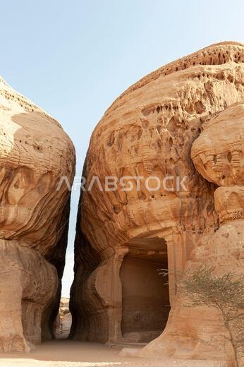 Amazing carved buildings of Hegra (known as Madain Saleh or Al Hijr) similar to those at Petra found near AlUla in Saudi Arabia