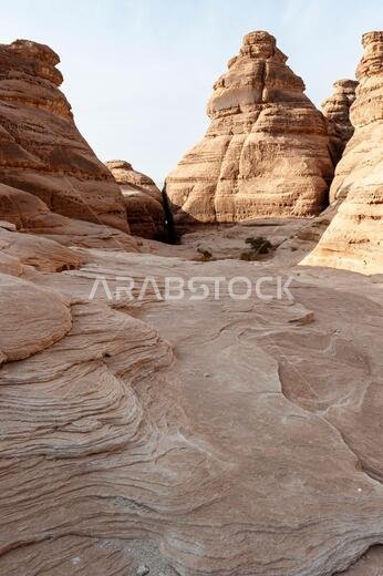 Sandstone rock formations of crazy shapes in the desert near Medina and AlUla and Madain Saleh in Saudi Arabia