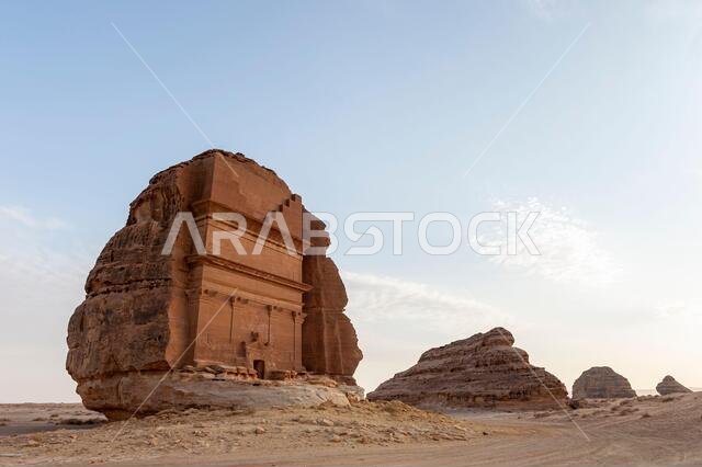 Amazing carved buildings of Hegra (known as Madain Saleh or Al Hijr) similar to those at Petra found near AlUla in Saudi Arabia