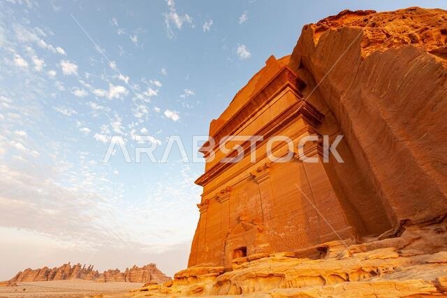 Amazing carved buildings of Hegra (known as Madain Saleh or Al Hijr) similar to those at Petra found near AlUla in Saudi Arabia