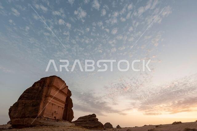 Amazing carved buildings of Hegra (known as Madain Saleh or Al Hijr) similar to those at Petra found near AlUla in Saudi Arabia