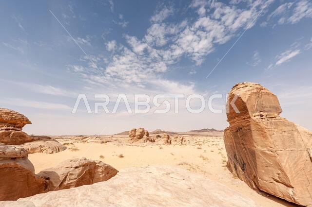 تكوينات صخرية من الحجر الرملي ذات أشكال غريبة في الصحراء قرب المدينة المنورة والعلا ومدائن صالح في المملكة العربية السعودية