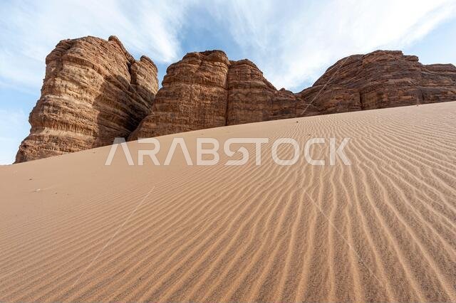 Sandstone rock formations of crazy shapes in the desert near Medina and AlUla and Madain Saleh in Saudi Arabia