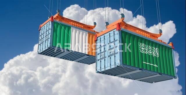 Freight containers with Saudi Arabia and Ireland national flags. 3D Rendering