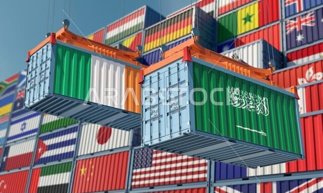 حاويات شحن تحمل أعلام المملكة العربية السعودية وأيرلندا. تصميم ثلاثي الأبعاد حاويات شحن تحمل أعلام المملكة العربية السعودية وأيرلندا. تصميم ثلاثي الأبعاد