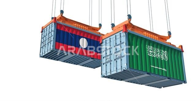 Freight containers with Saudi Arabia and Laos national flags. 3D Rendering