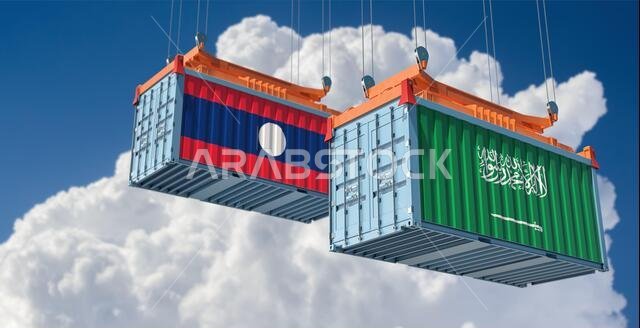 حاويات شحن تحمل علمي المملكة العربية السعودية ولاوس. تصميم ثلاثي الأبعاد