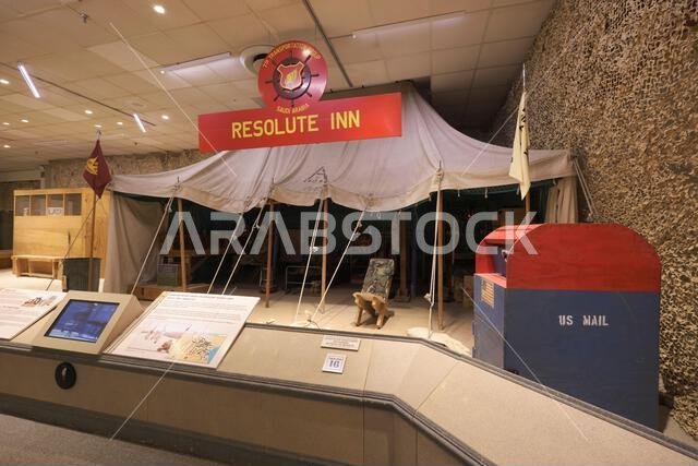 A tent barracks called Resolute Inn, used during Desert Storm in Saudi Arabia. At the US Army Transportation Museum at Fort Eustis, Virginia.