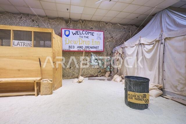 A tent barracks called Resolute Inn and latrine, used during Desert Storm in Saudi Arabia. At the US Army Transportation Museum at Fort Eustis, Virgin