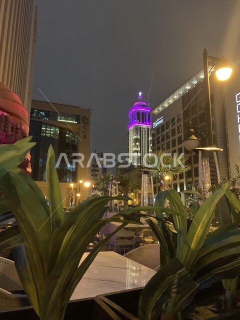 صورة جمالية لواجهة احدى الفنادق في مدينة الرياض بالمملكة العربية السعودية ليلا، الأبراج وناطحات السحاب، الاشجار والنباتات، الفن الهندسي المعماري، السياحة في السعودية