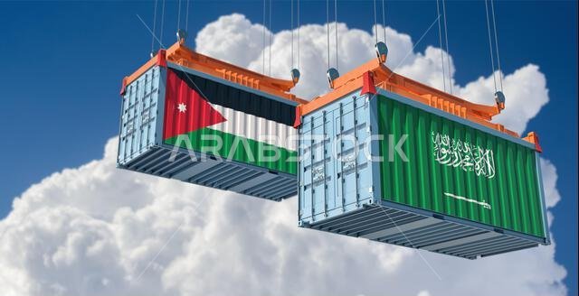 Freight containers with Saudi Arabia and Jordan national flags. 3D Rendering