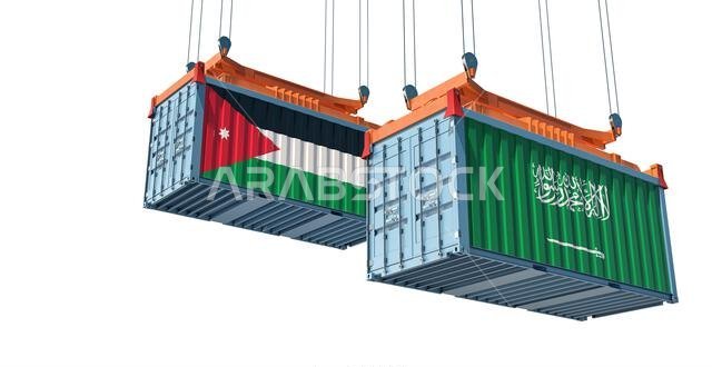 حاويات شحن تحمل أعلام المملكة العربية السعودية والأردن. تصميم ثلاثي الأبعاد حاويات شحن تحمل أعلام المملكة العربية السعودية والأردن. تصميم ثلاثي الأبعاد