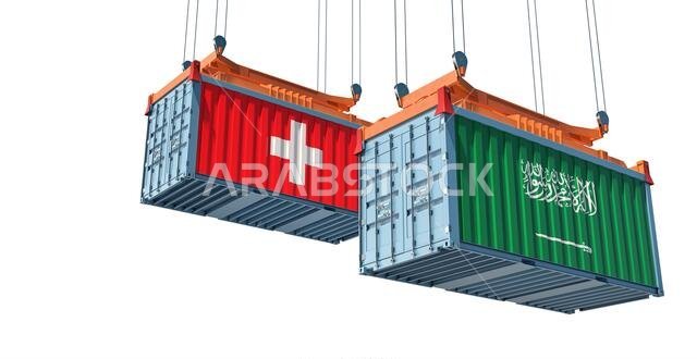 Freight containers with Saudi Arabia and Switzerland national flags. 3D Rendering