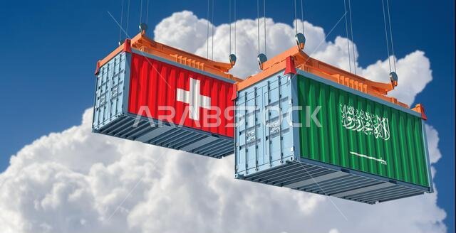 Freight containers with Saudi Arabia and Switzerland national flags. 3D Rendering
