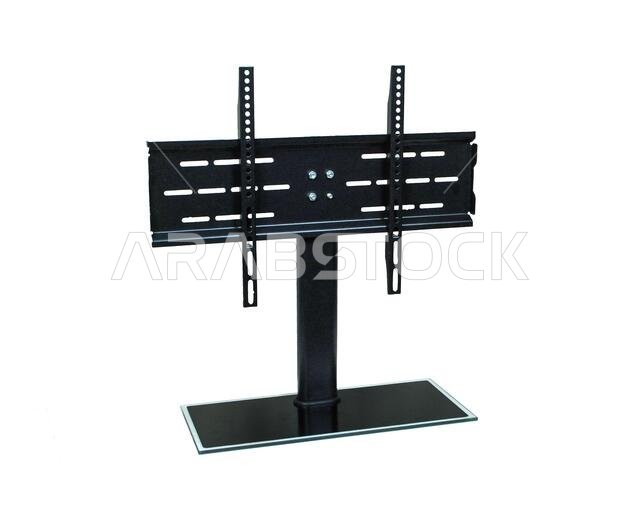 black modern metal LED tv stand base isolated on white background