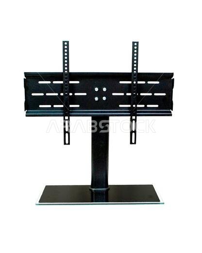 black modern metal LED tv stand base isolated on white background